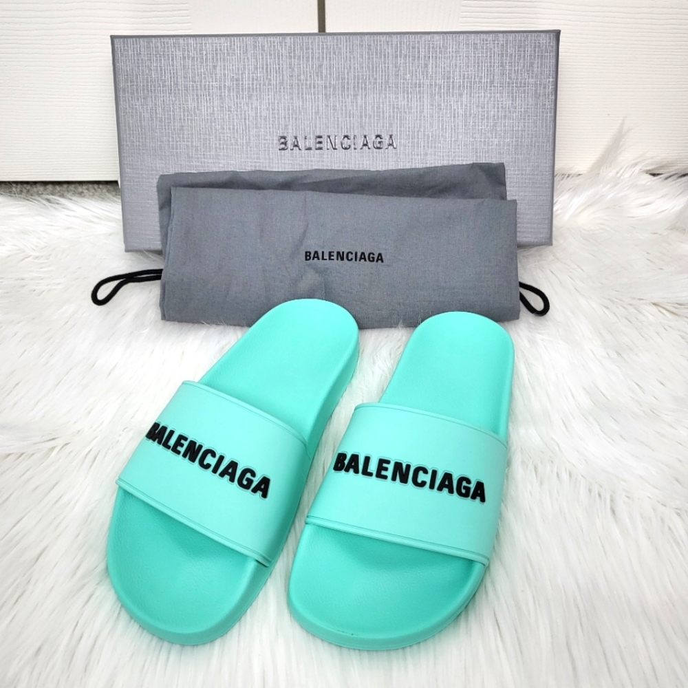 NIB BALENCIAGA Mint and Black Pool Slide Sandal Slippers Size 37
